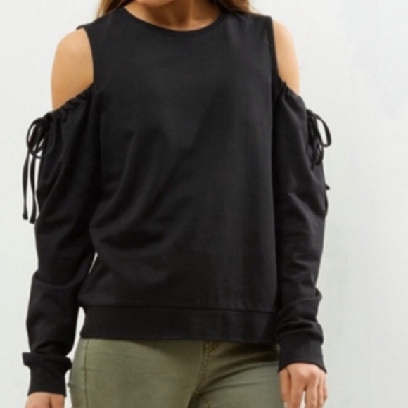 DREW Sweaters - DREW Black Drawstring Cold Shoulder Sweatshirt Size S